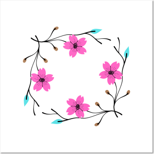 pink blue flower leaves illustration Posters and Art